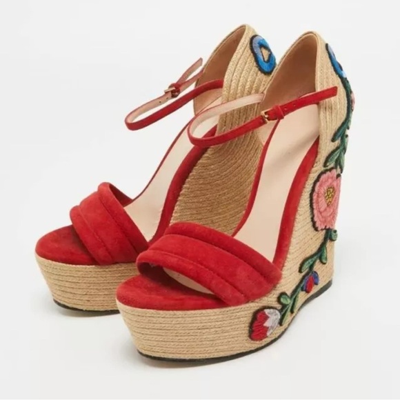 New Authentic Gucci Embroidered Floral Platform Wedges Women Size US 8.5 - Picture 4 of 5